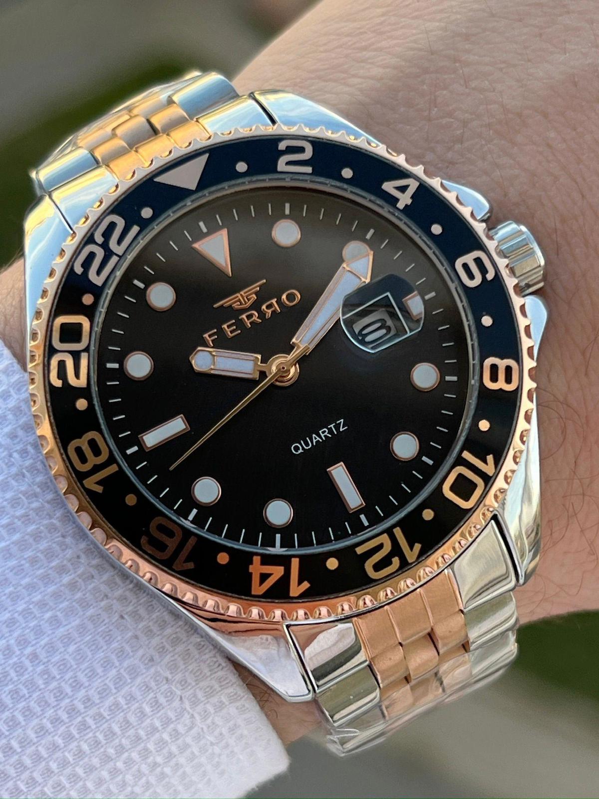 Ferro EFM11196-E2 Su Geçirmez Takvimli 44 mm Gri-Rose Gold Çelik Kordon Analog Erkek Kol Saati