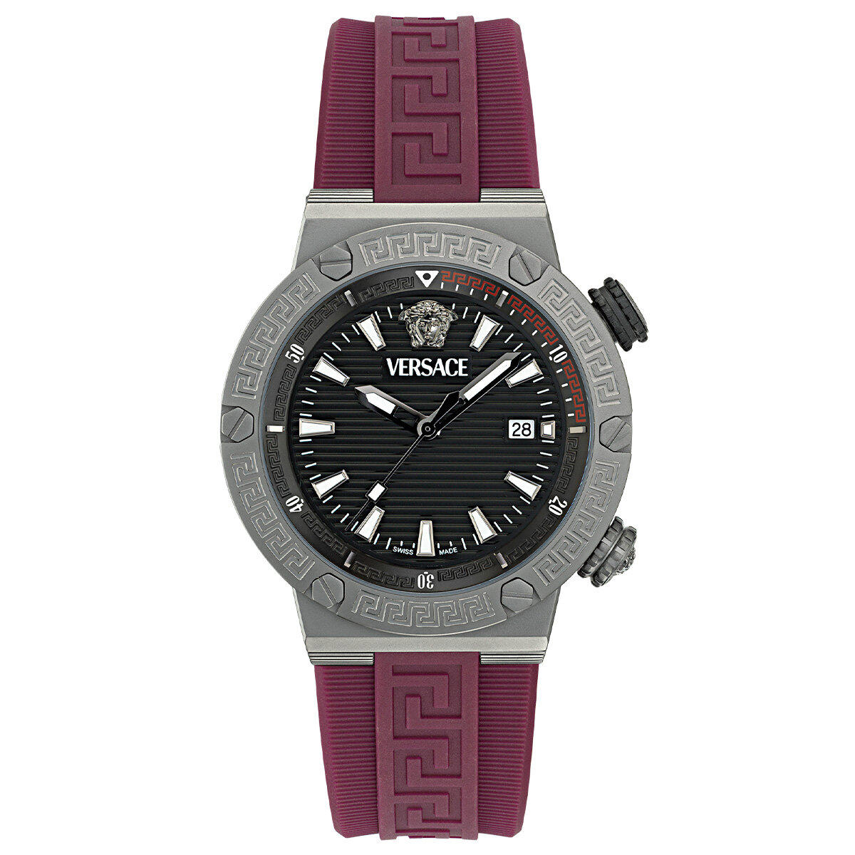 Versace VRSCVE8G00224 Takvimli 43 mm Bordo Silikon Kordon Analog Erkek Kol Saati