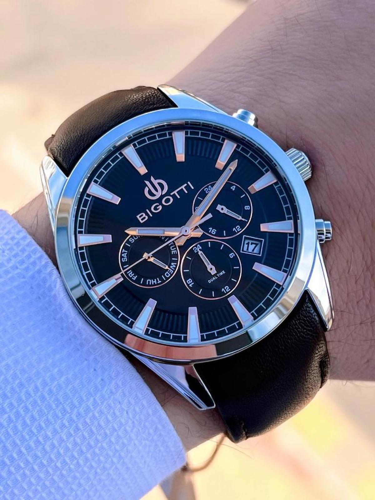 Bigotti BG.1.10451.4 Su Geçirmez Takvimli 45 mm Siyah Deri Kordon Analog Erkek Kol Saati
