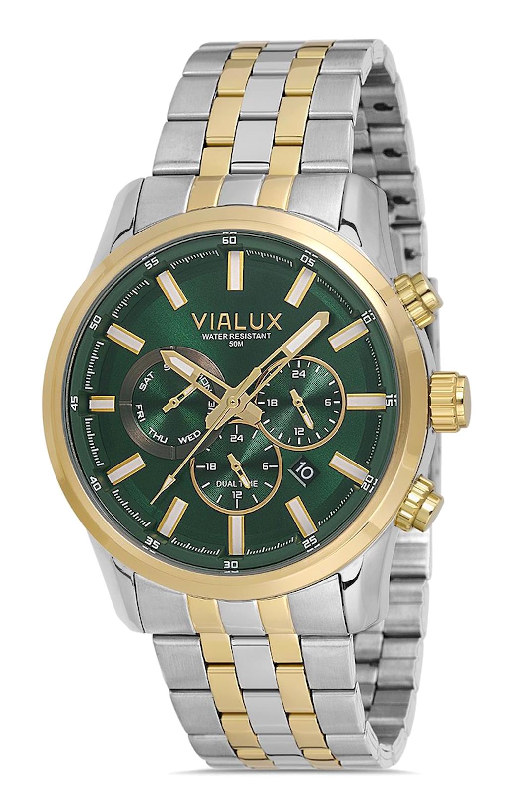 Vialux VX578T-15SG Takvimli 45 mm Altın-Çelik Kordon Analog Erkek Kol Saati