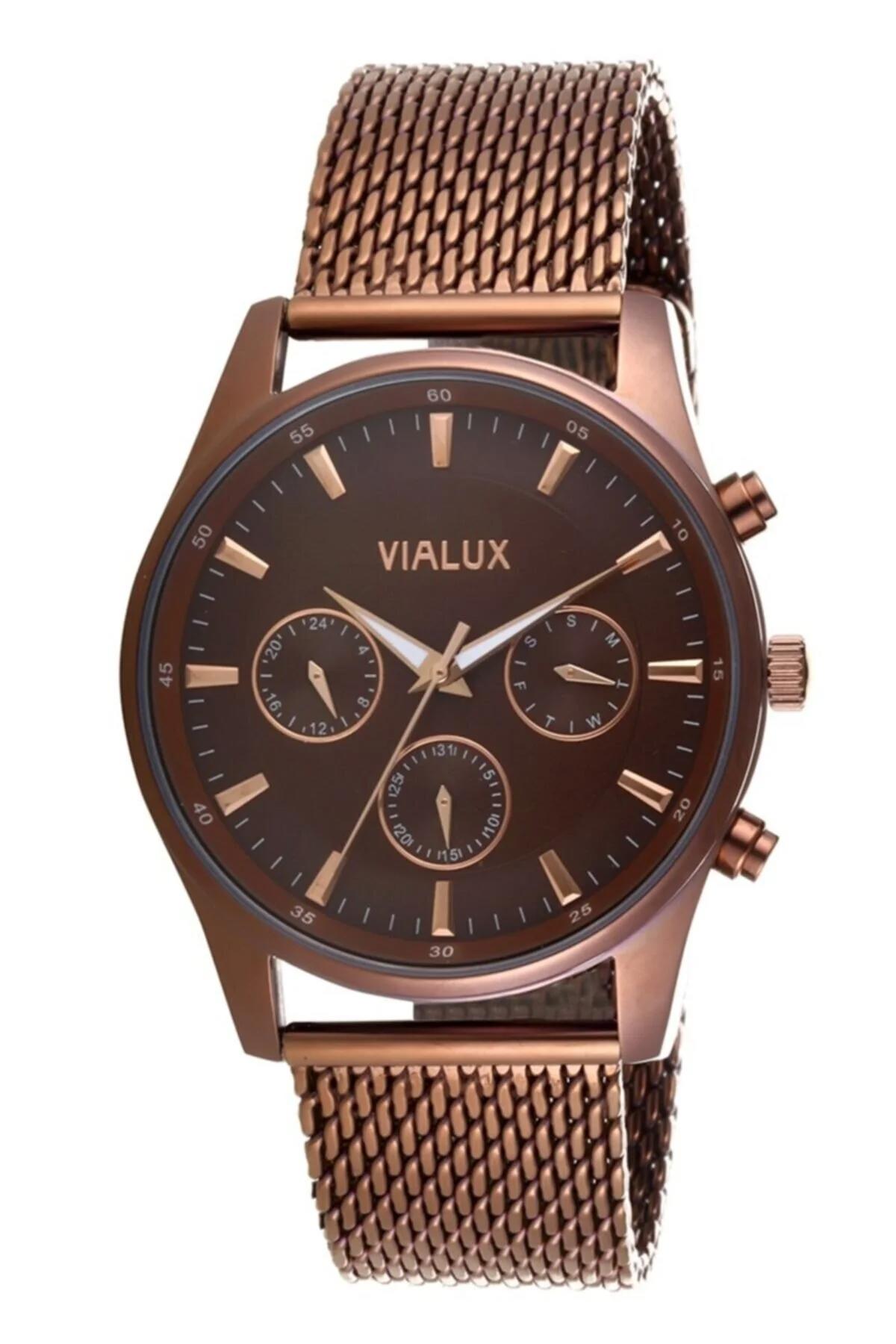 Vialux VX415-M02 Takvimli 42 mm Kahverengi Çelik Kordon Analog Erkek Kol Saati