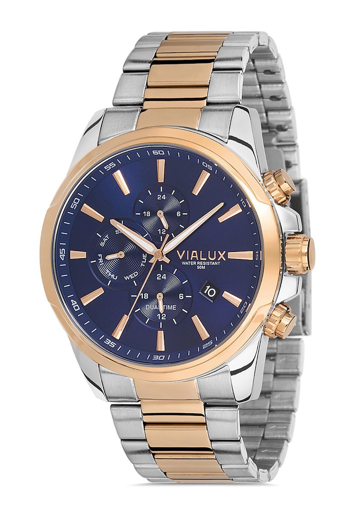 Vialux VX573T-11SR Takvimli 45 mm Rose Gold Çelik Kordon Analog Erkek Kol Saati