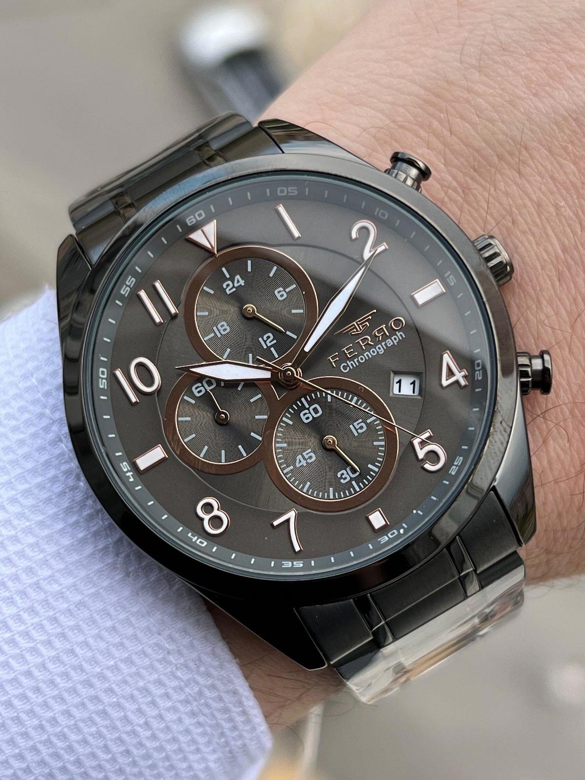 Ferro XF0046 Su Geçirmez Takvimli 44 mm Kahverengi Çelik Kordon Analog Erkek Kol Saati