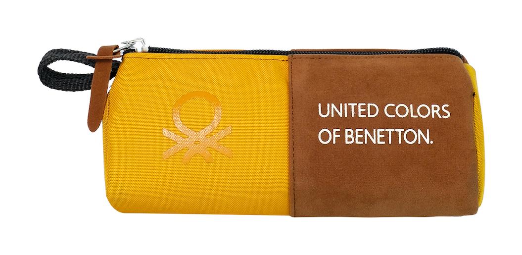 United Colors Of Benetton Sofistike Kahverengi-Sarı Peluş Kumaş Tek Gözlü Yazılı Oval Cüzdan Kalemlik