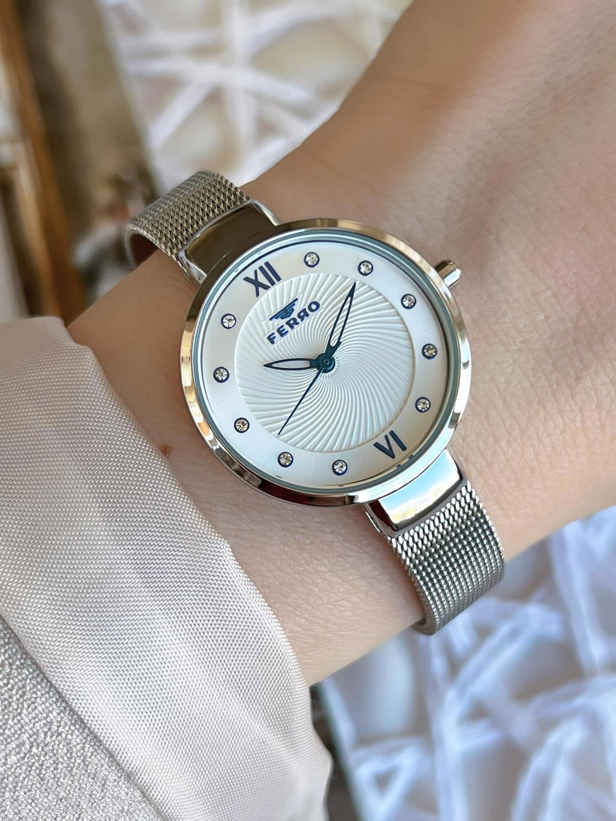Ferro 1618AB 36 mm Gri Hasır Kordon Analog Kadın Kol Saati