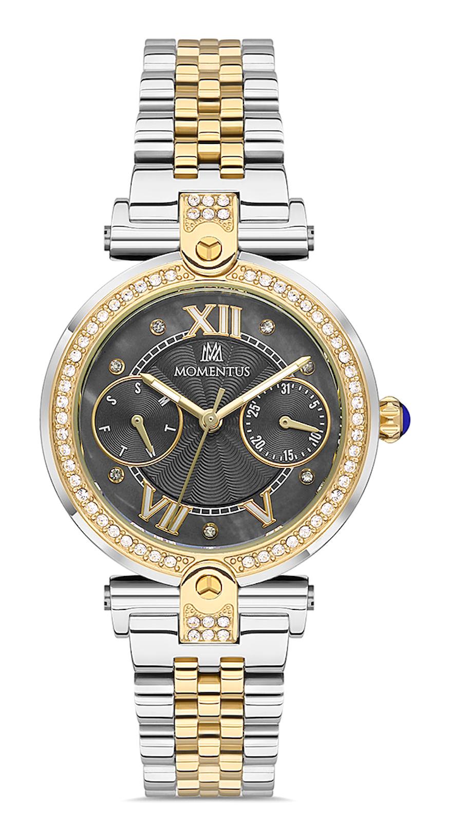 Momentus SS246T-05SG Takvimli 32 mm Altın-Gri Çelik Kordon Analog Kadın Kol Saati