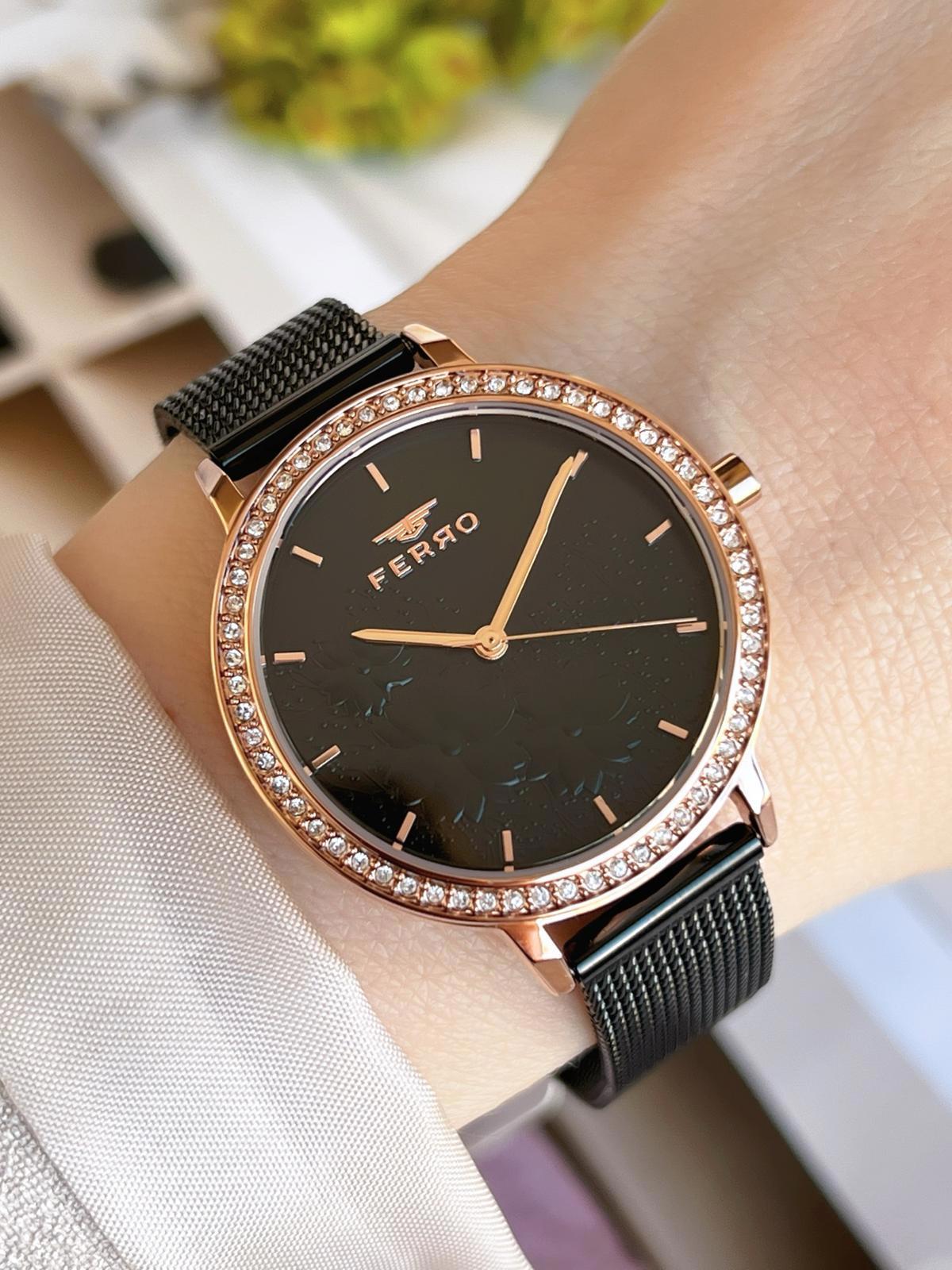Ferro 21242-R 36 mm Siyah Hasır Kordon Analog Kadın Kol Saati