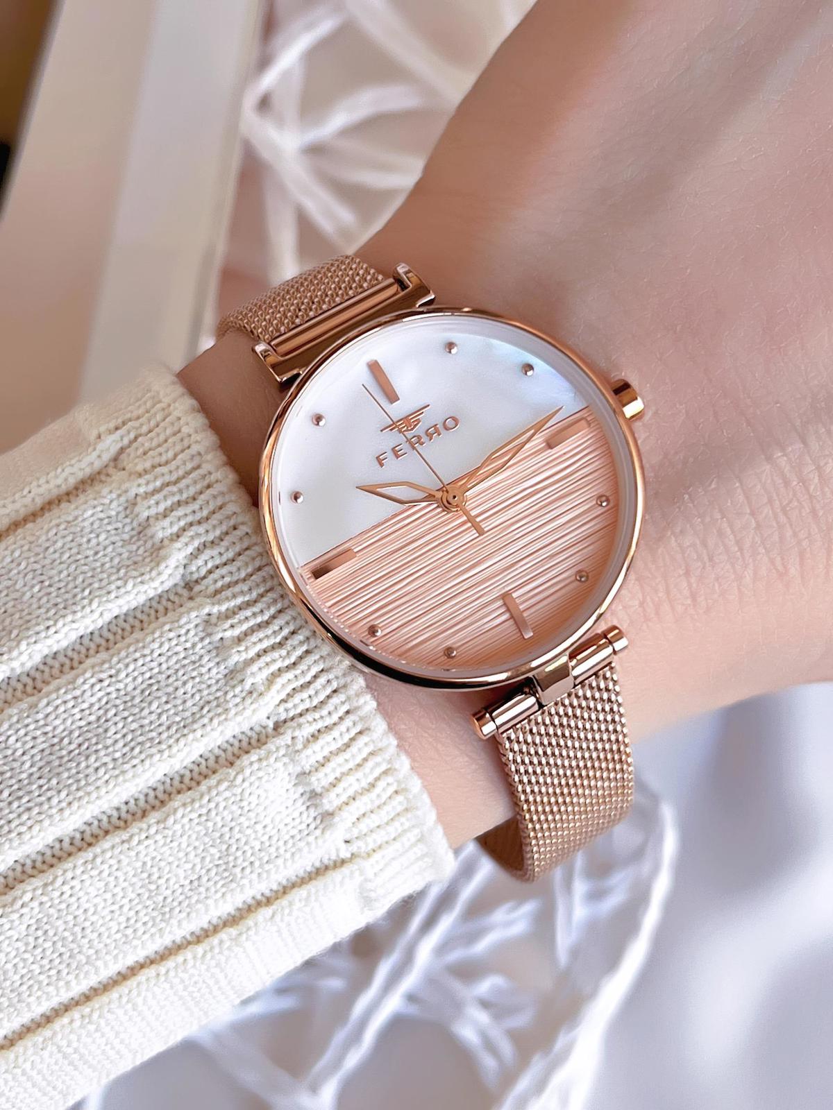Ferro 1224CWT-C 36 mm Rose Gold Hasır Kordon Analog Kadın Kol Saati