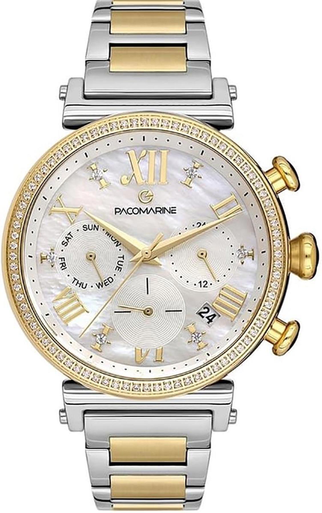 Pacomarine PM.51233.04 Takvimli 36 mm Altın-Gri Çelik Kordon Analog Kadın Kol Saati
