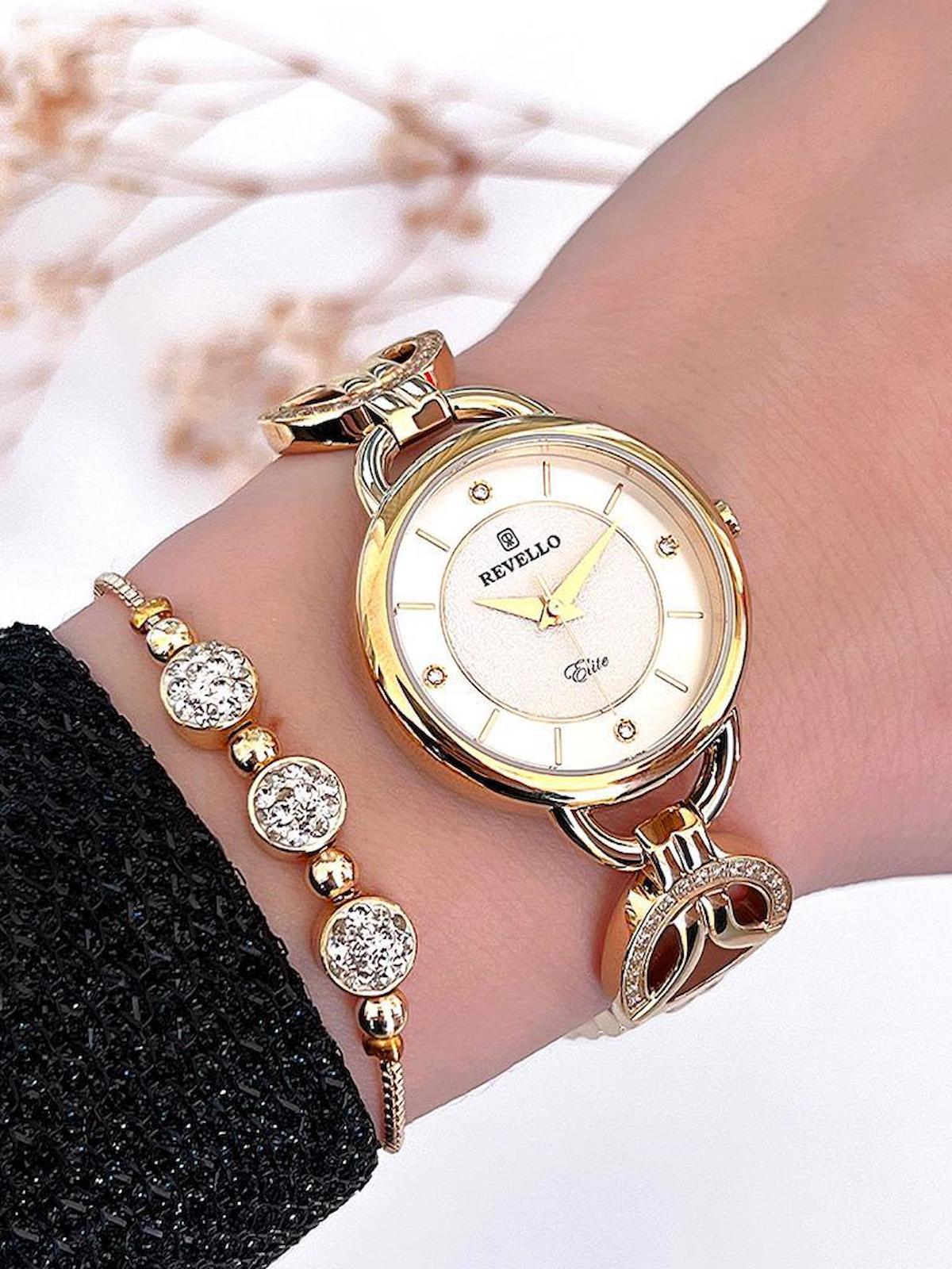 Revello RVL-1446-F 36 mm Altın Çelik Kordon Analog Kadın Kol Saati