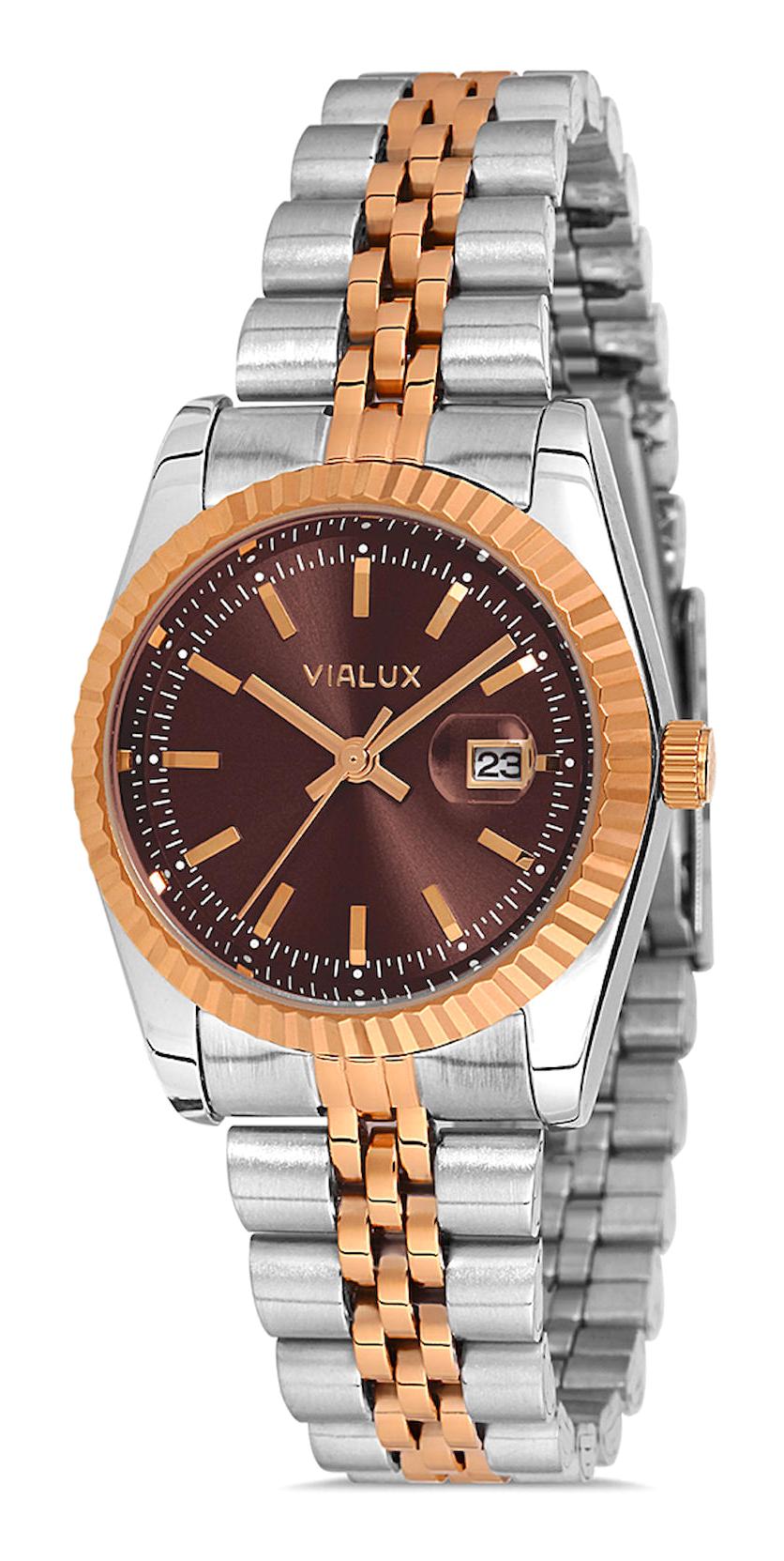 Vialux LJ570T-06SR Takvimli 40 mm Gri-Rose Gold Çelik Kordon Analog Kadın Kol Saati