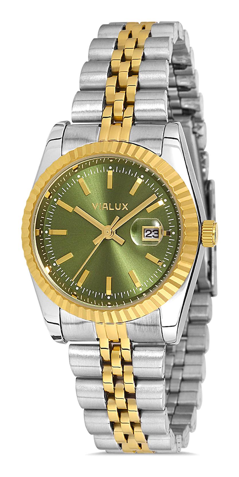 Vialux LJ570T-15SG Takvimli 40 mm Altın-Gri Çelik Kordon Analog Kadın Kol Saati