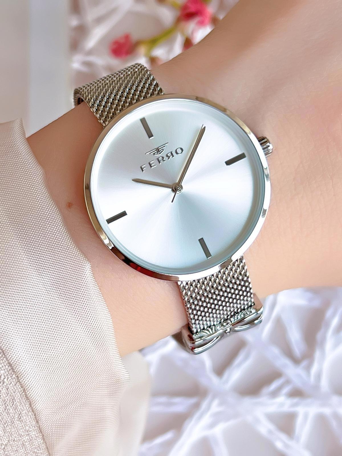 Ferro 21045 36 mm Gri Hasır Kordon Analog Kadın Kol Saati