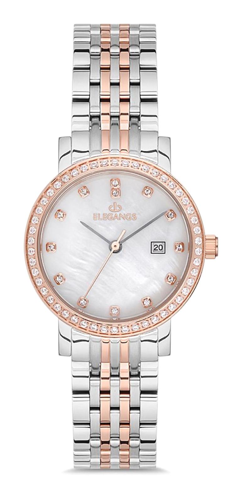 Elegangs EL2441.10 Takvimli 29 mm Gri-Rose Gold Çelik Kordon Analog Kadın Kol Saati