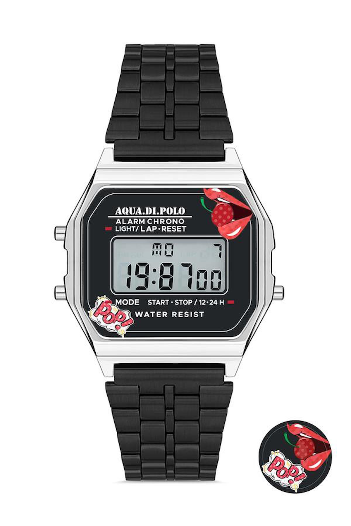 Aqua Di Polo APWA063502 Takvimli 38 mm Siyah Metal Kordon Dijital Kadın Kol Saati