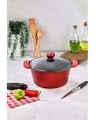 Cooker Kristal Serisi Cam Kapaklı Döküm-Granit 28 cm Derin Tencere Kırmızı