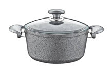 Oms Collection Cam Kapaklı Granit 26 cm Derin Tencere Gri