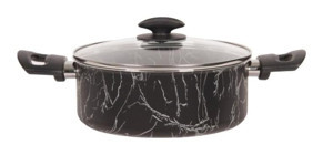 Mehtap Mermer Desenli Cam Kapaklı Granit 22 cm Derin Tencere