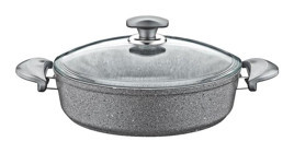 Oms Collection Cam Kapaklı Granit 24 cm Karnıyarık Tencere Gri