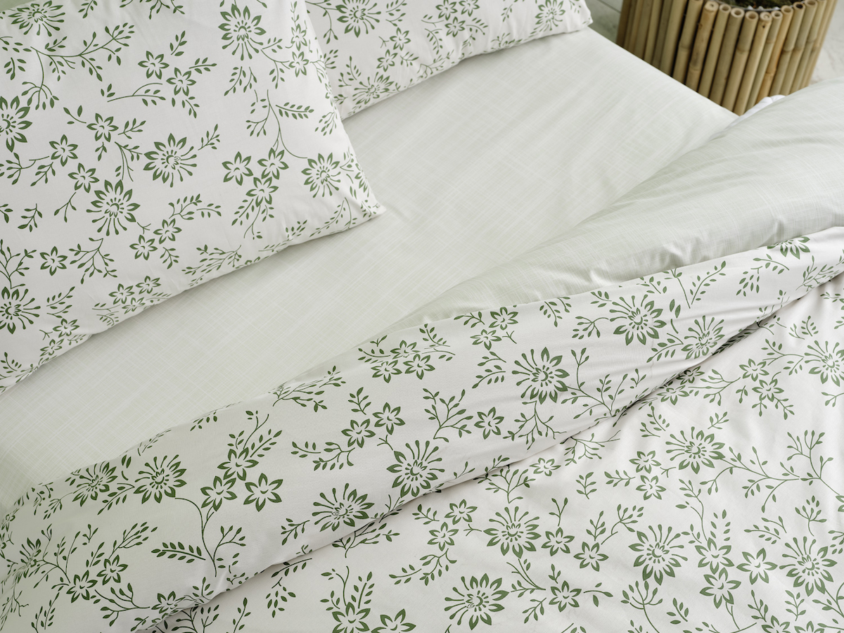 Doqu Home Belinda Easy Cotton Pamuk 160x220 cm Çarşaflı Çiçekli Tek Kişilik Nevresim Takımı Beyaz - Yeşil