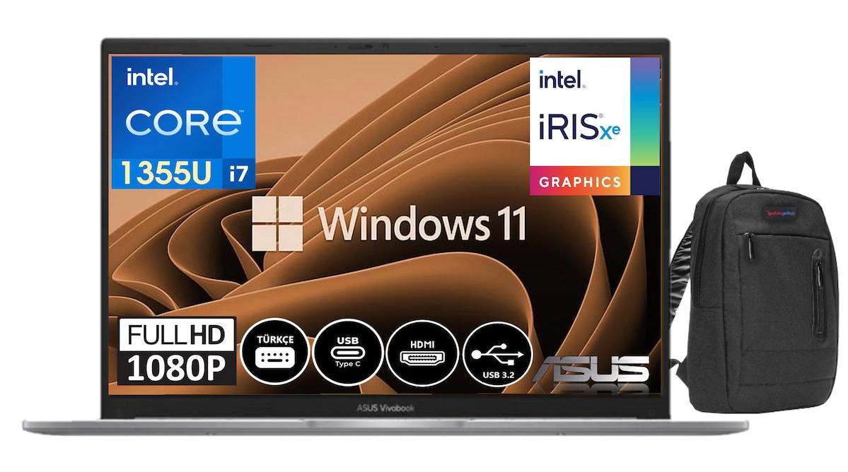 Asus Vivobook 15 X1504VA-NJ19442 Dahili Iris Xe Graphics Eligible Intel Core i7 1355U 24 GB Ram 512 GB SSD 15.6 inç Full HD Windows 11 Pro Laptop + Weblegelsin Çanta