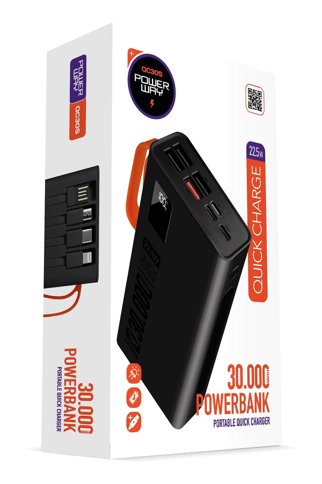 Powerway QC30S 30000 mAh Hızlı Şarj Işıklı Dijital Göstergeli Lightning & Type C Çoklu Bağlantı Powerbank Siyah