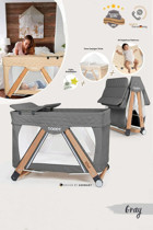 Kiwi Toody All In One Ahşap 25 kg Kapasiteli Ayarlanabilir Katlanabilir 70x110 cm Anne Yanı Park Yatak Gri