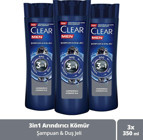 Clear Men Onarıcı Arındırıcı Tüm Saçlar Düz Saçlar İçin Kömür Kremsiz 3'ü 1 Arada Şampuan 3x350 ml