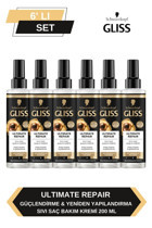 Gliss Ultimate Repair Siyah İnci Özü Güçlendirici Keratinli Boyalı Kuru - Yıpranmış Saçlar İçin Durulanmayan Kadın Saç Kremi 6 x 200 ml