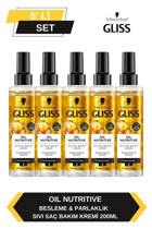 Gliss Oil Nutritive Marula Yağı Besleyici Keratinli Boyalı Yıpranmış Saçlar İçin Durulanmayan Kadın Saç Kremi 5 x 200 ml