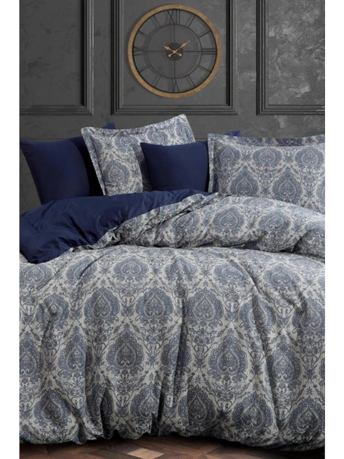 Dantela Carolina Saten Dört Mevsim 200x220 cm Çarşaflı Lastiksiz Nakışlı Çift Kişilik Nevresim Takımı Lacivert
