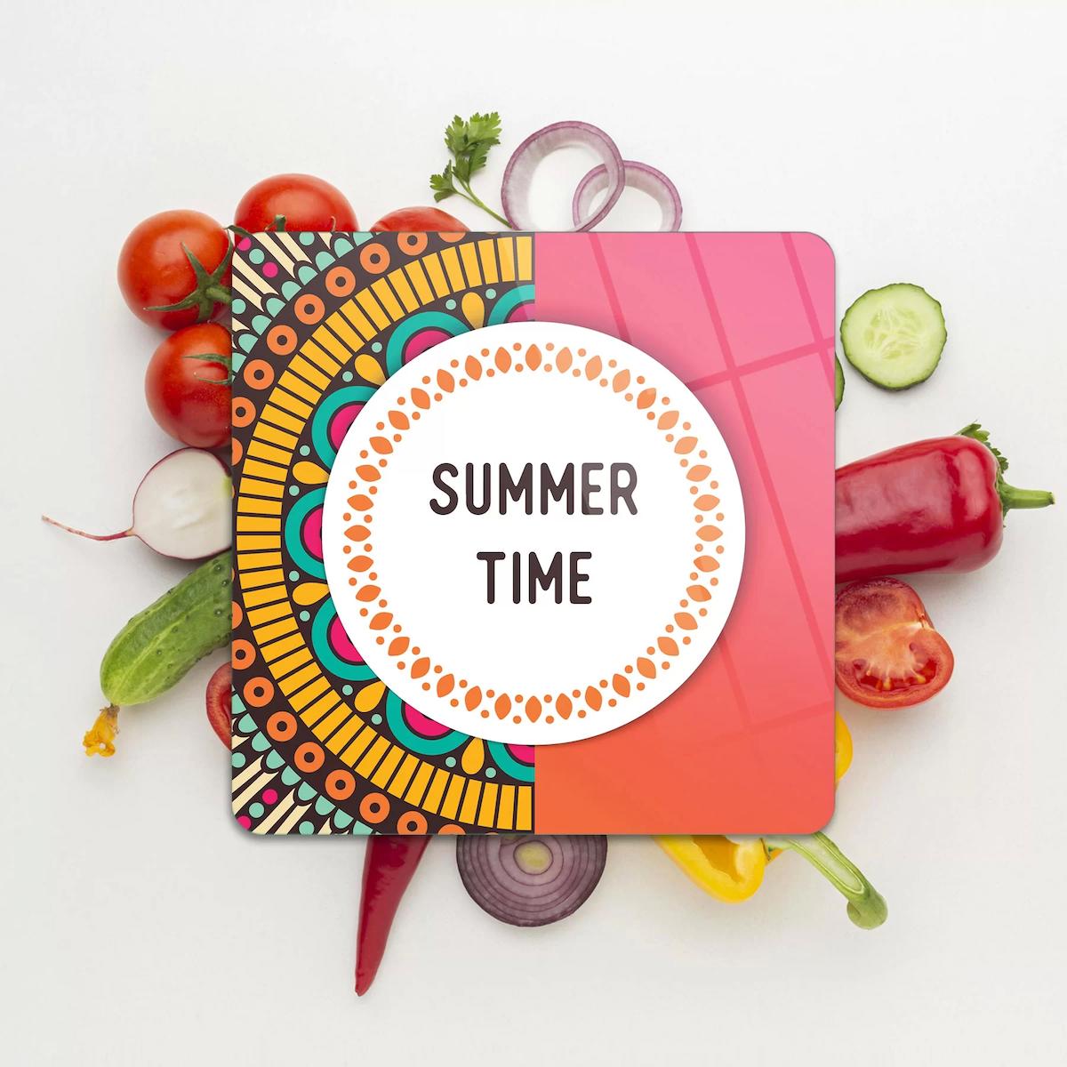 Decovetro Kare Summer Time Desenli 30x30 Cam Orta Boy Çok Renkli Kesme Tahtası