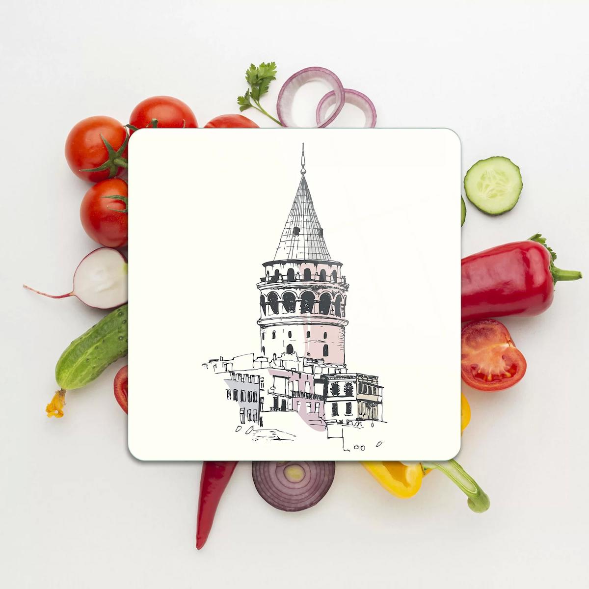 Decovetro Kare Galata Kulesi Desenli 30x30 Cam Orta Boy Beyaz-Siyah Kesme Tahtası