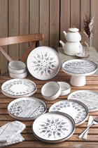 Kitchen Life Stackable Ethnical 11 Parça 6 Kişilik Beyaz-Siyah Desenli Seramik Kahvaltı Takımı
