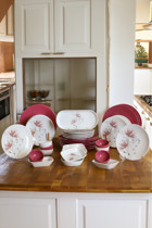 Keramika Frambuaz Hindiba 40 Parça 12 Kişilik Pembe-Beyaz Desenli Stoneware Kahvaltı Takımı