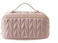 Wtgd Lingge Bölmeli Açık Pembe Zigzag Desenli PU - Polyester Büyük Boy Çok Gözlü Seyahat Makyaj Çantası