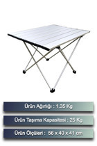 Ecuy 56x40 cm Çantalı Dikdörtgen Alüminyum Gövdeli Gri Kamp Masası