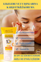Last Touch 50 Faktör Tüm Ciltler İçin Leke Karşıtı Yaşlanma Karşıtı Aydınlatıcı Yağsız Yüz ve Vücut Güneş Kremi 50 ml