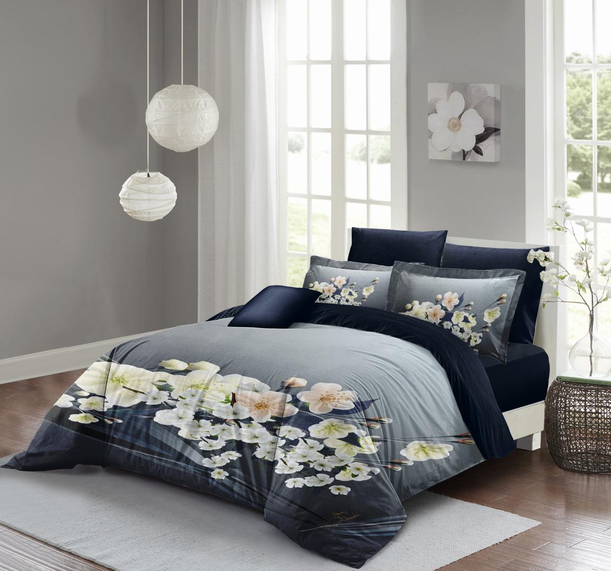 Monohome Çiçekli Orkide Pamuk Saten 200x220 cm Çiçekli Çift Kişilik Nevresim Takımı Siyah