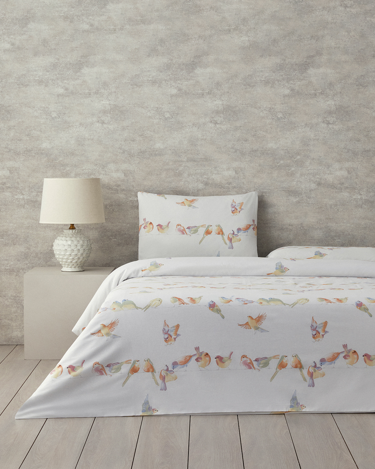 English Home Bird Talk Pamuklu 4 Mevsim 200x220 cm Çarşaflı Lastikli Desenli Çift Kişilik Nevresim Takımı Beyaz