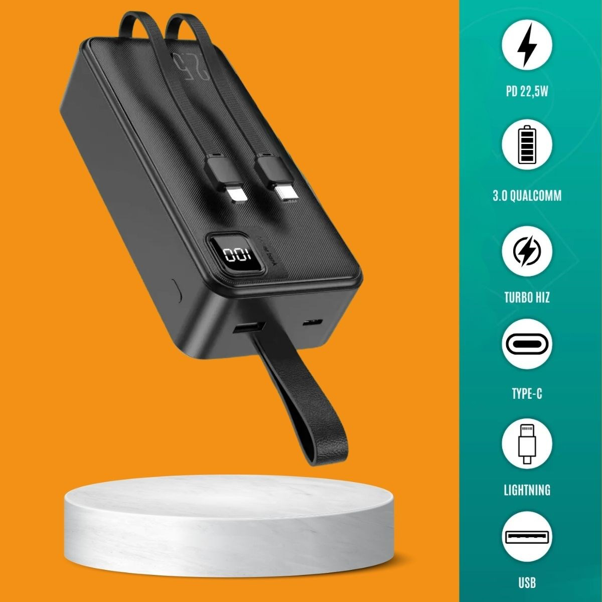 Buffer 30000 mAh Hızlı Şarj Dijital Göstergeli Lighthing - Type C Çoklu Bağlantı Powerbank Siyah