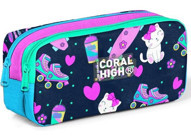 Coral High 12091 Lacivert - Pembe Desenli Kumaş Bölmeli Çift Gözlü Kedili Dikdörtgen Cüzdan Kalemlik