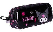 Kuromi 2733 Pembe-Siyah Desenli Bez Bölmeli Çift Gözlü Dikdörtgen Cüzdan Kalemlik