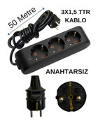 Avarson 3500 W Kalın Topraklı 3'lü 50 m Uzatma Kablosu Siyah