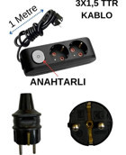 Avarson 3500 W Kalın Topraklı Anahtarlı 2'li 1 m Uzatma Kablosu Siyah