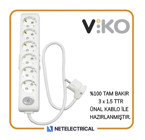 Viko Kalın Topraklı Anahtarlı 6'lı 25 m Grup Priz Beyaz