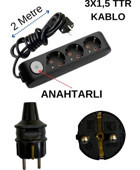 Avarson 3500 W Kalın Topraklı Anahtarlı 3'lü 2 m Uzatma Kablosu Siyah