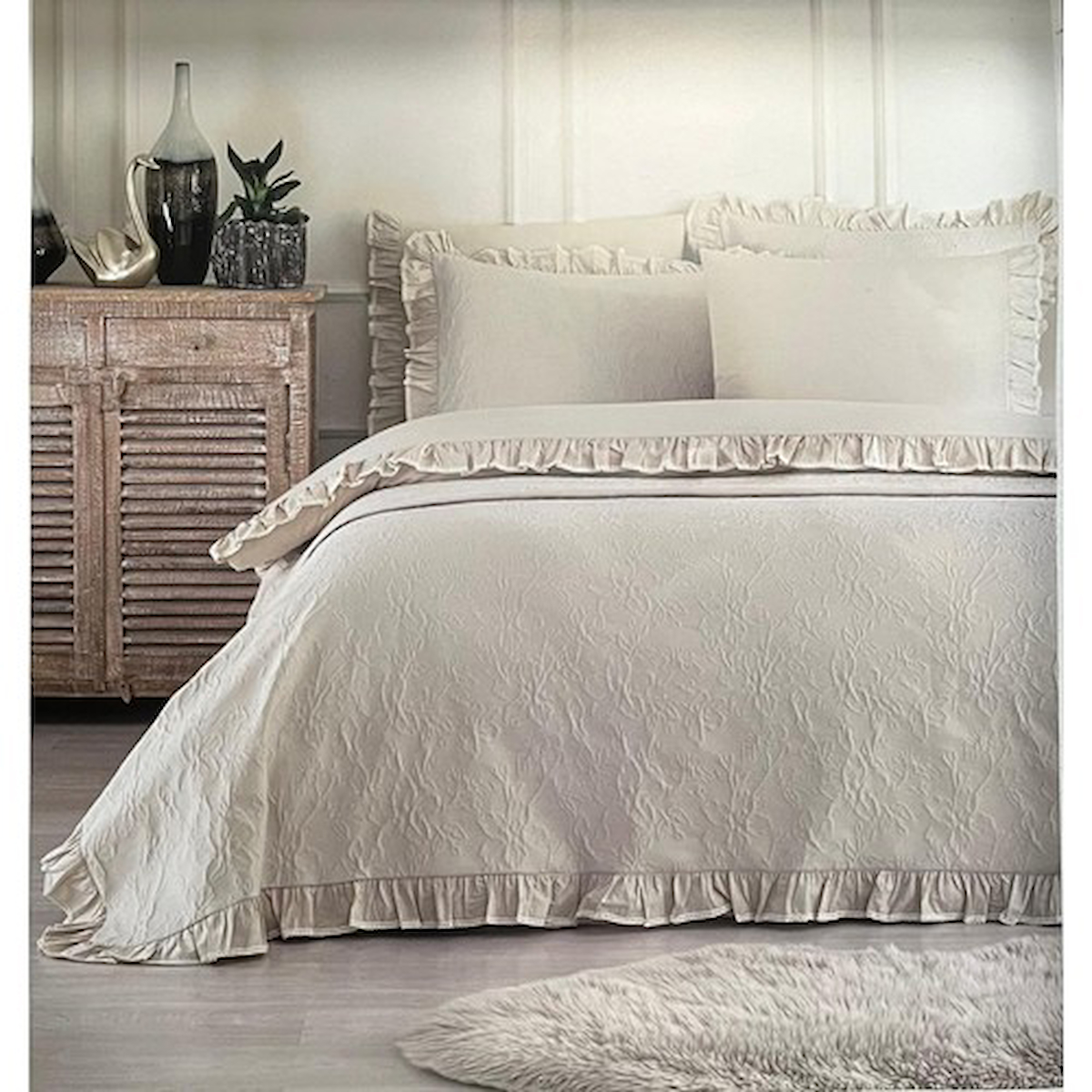 Özdilek Armes Pamuklu 4 Mevsim 200 x 220 cm Kabartma Desenli Çarşaflı Çift Kişilik Nevresim Takımı Açık Bej