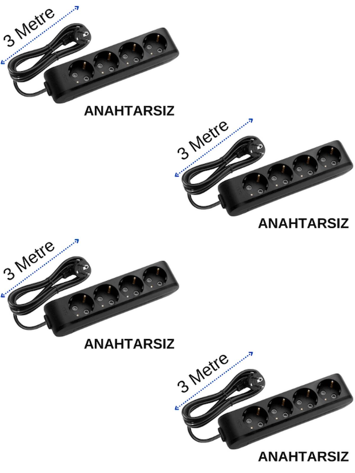 Viko Anahtarsız 3500 W Kalın Topraklı 4'lü 3 m Uzatma Kablosu Siyah
