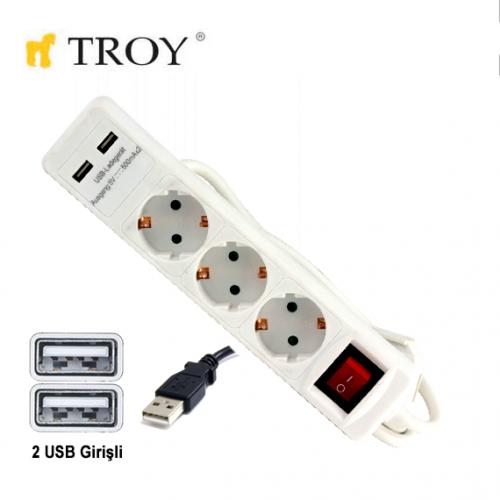 Troy 24023 Topraklı Anahtarlı 3'lü 1.4 m USB Grup Priz Beyaz
